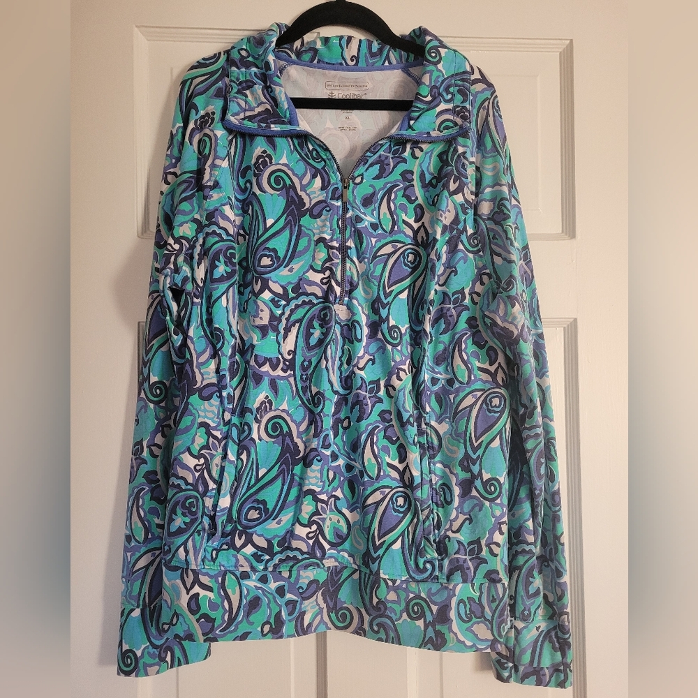 Coolibar Annette Half Zip Pullover Blue Turquoise Paisley Thumbhole XL